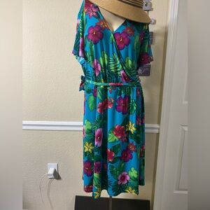 Susan Graver Teal Floral Dress with Pink & Yellow Accents